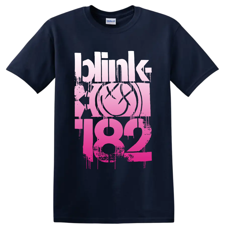 Blink-182 pink distressed punk rock lettering with smiley-style graphic on a Navy (Blue) T Shirt