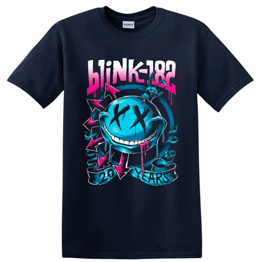Blink-182 punk rock globe graphic with arrows and distressed lettering on a Navy (Blue) T Shirt
