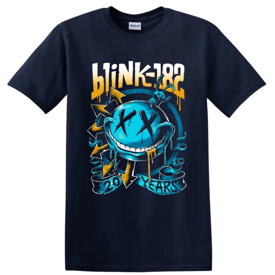 Blink-182 punk rock graphic with distressed lettering, blue globe, and lightning bolts on a Navy (Blue) T Shirt