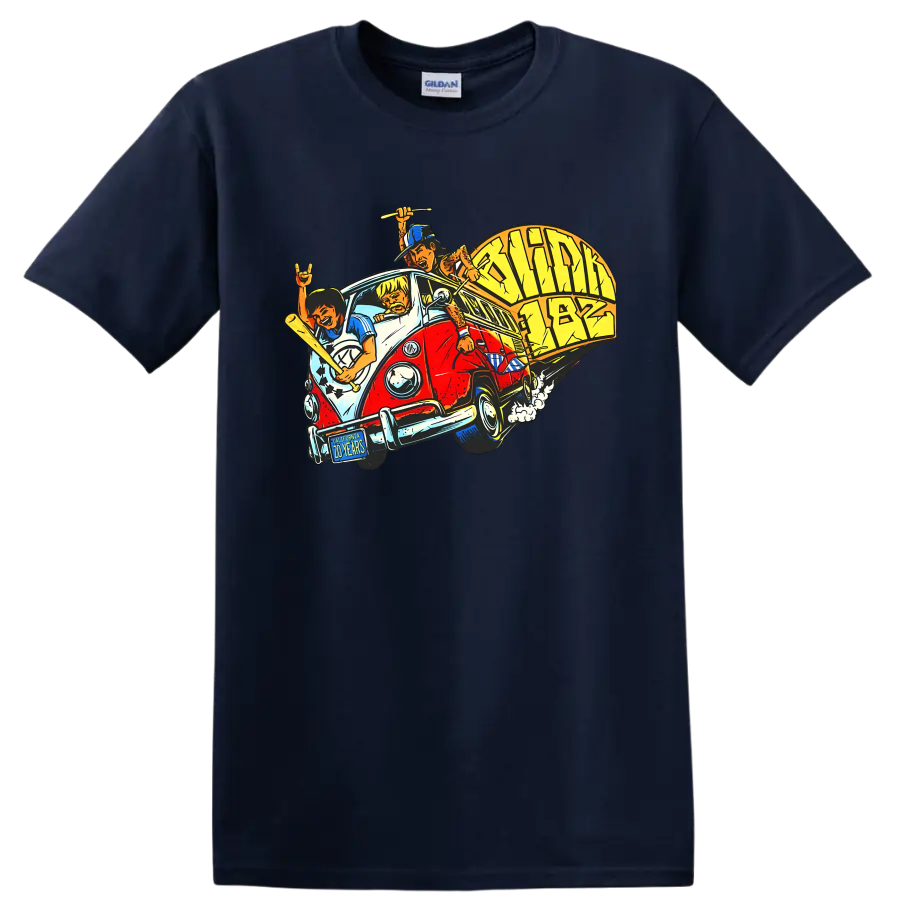 Blink-182 punk rock van graphic print with musicians and instruments on a Navy (Blue) T Shirt