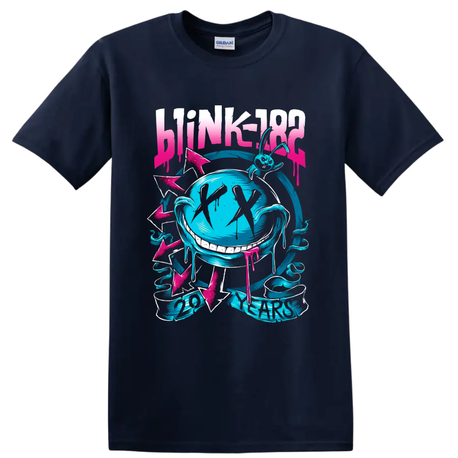 Blink-182 punk rock graphic with aqua cartoon rabbit, arrows, and bold lettering on a Navy (Blue) T Shirt