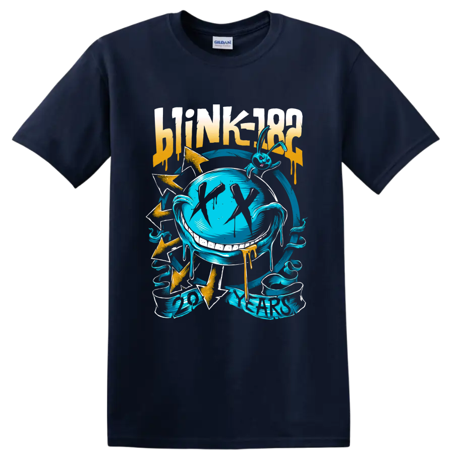 Blink-182 punk rock graphic with turquoise-blue cartoon bunny and gold accents on a Navy (Blue) T Shirt