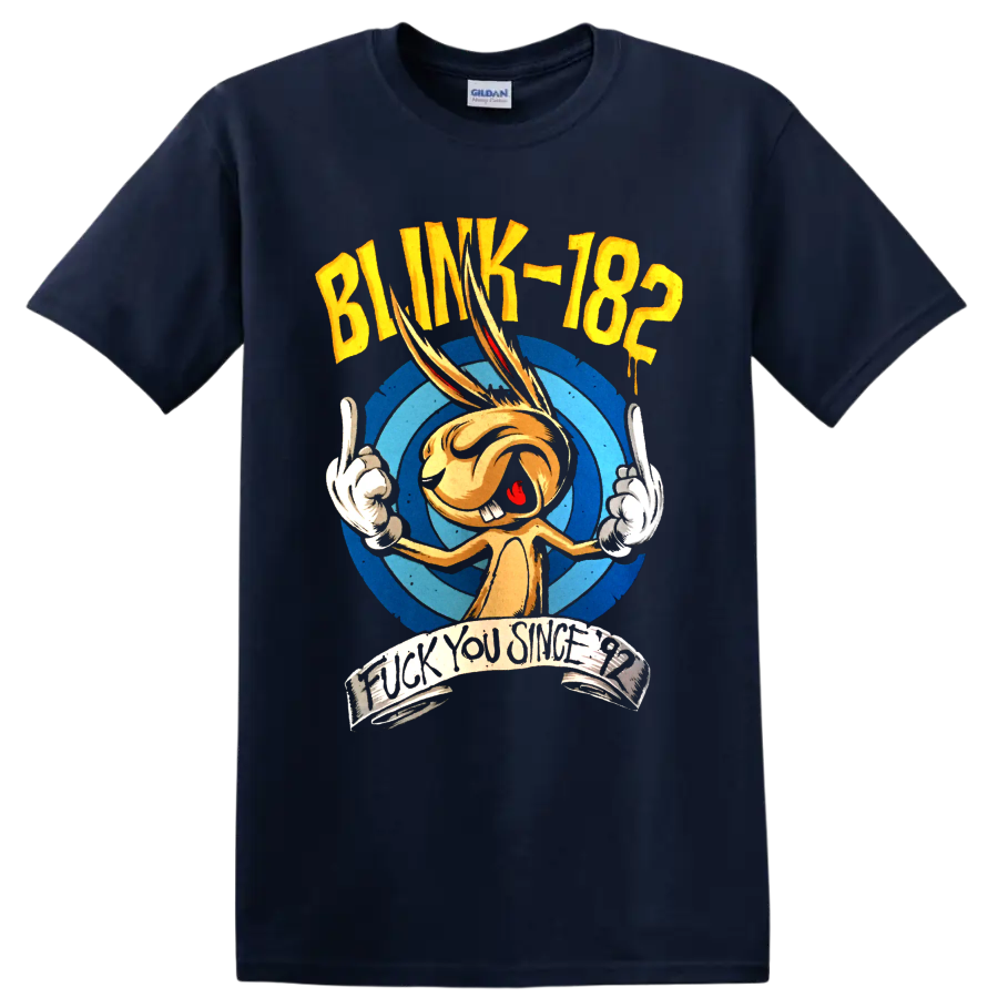 Blink-182 punk rock cartoon graphic with distressed lettering on a Navy (Blue) T Shirt
