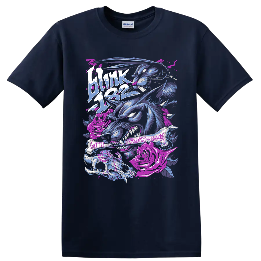 Blink-182 punk shark and floral graphic print with blue and magenta artwork on a Navy (Blue) T Shirt