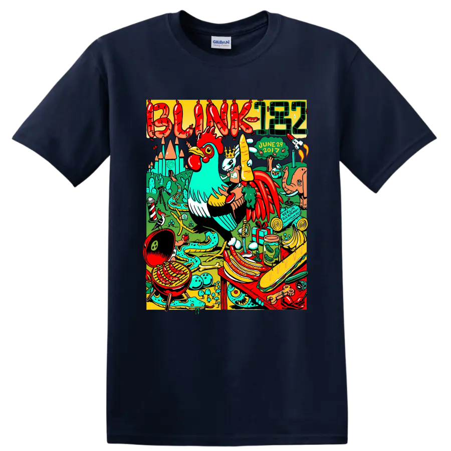 Blink-182 colorful punk rock collage graphic with playful characters on a Navy (Blue) T Shirt