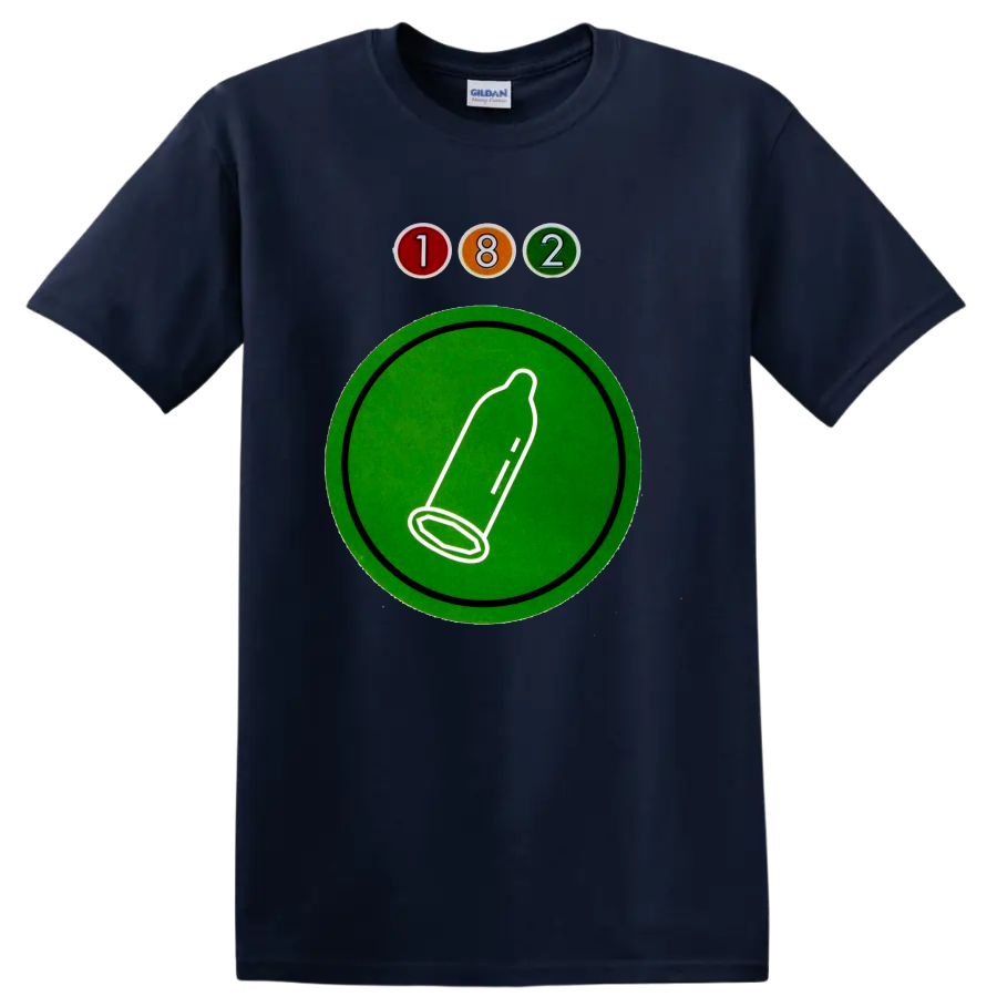 Blink-182 182 logo with colorful circles and green graphic emblem on a Navy (Blue) T Shirt