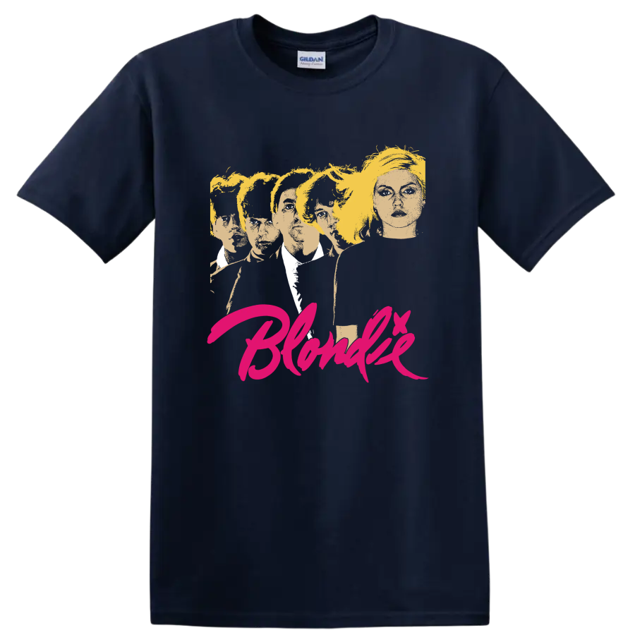 Blondie punk rock band portrait with vivid pink script lettering on a Navy (Blue) T Shirt