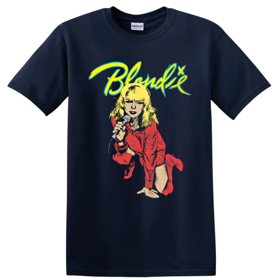 Blondie punk rock graphic with performer, microphone, and bold logo lettering on a Navy (Blue) T Shirt