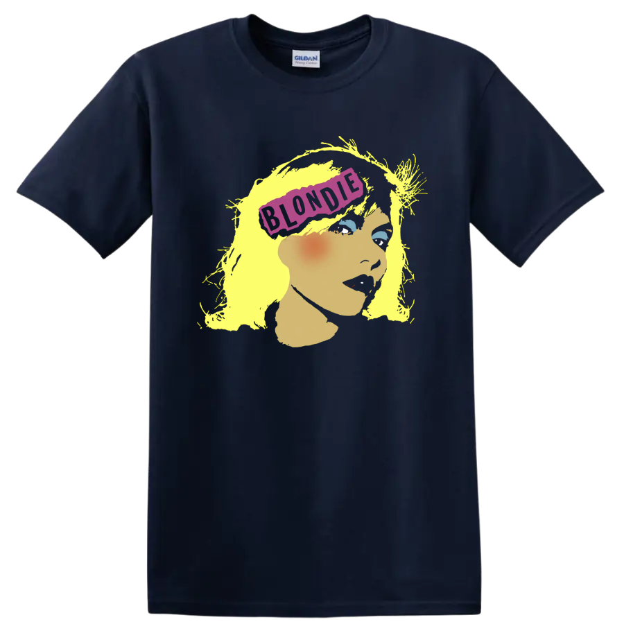 Blondie punk rock portrait with yellow hair and purple banner on a Navy (Blue) T Shirt