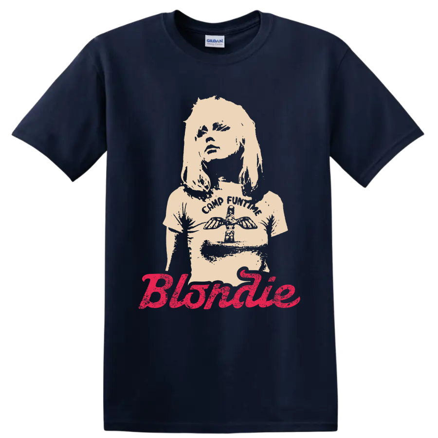 Blondie punk rock portrait with bold pink script lettering on a Navy (Blue) T Shirt