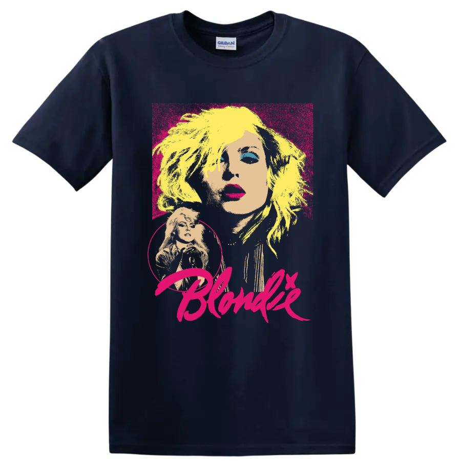 Blondie Debbie Harry pop art portrait with bold pink lettering on a Navy (Blue) T Shirt