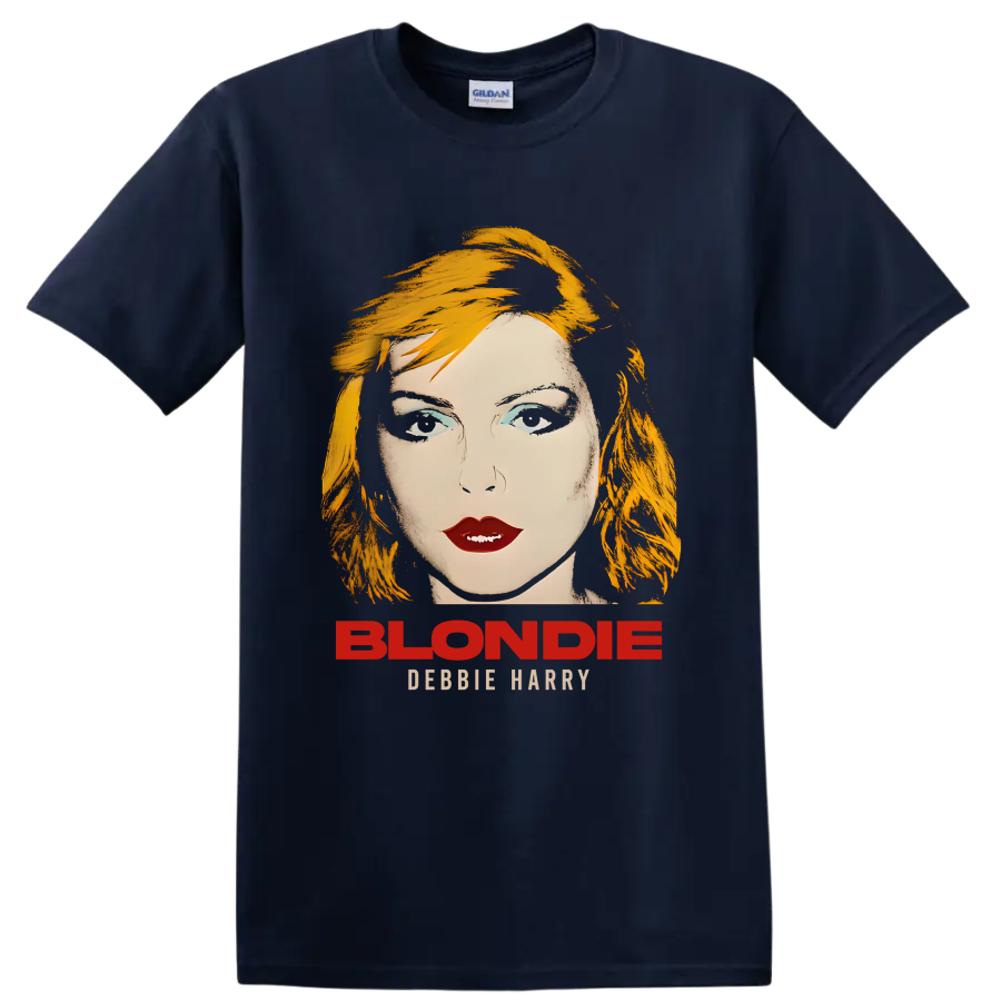Blondie Debbie Harry portrait graphic with bold punk rock lettering on a Navy (Blue) T Shirt