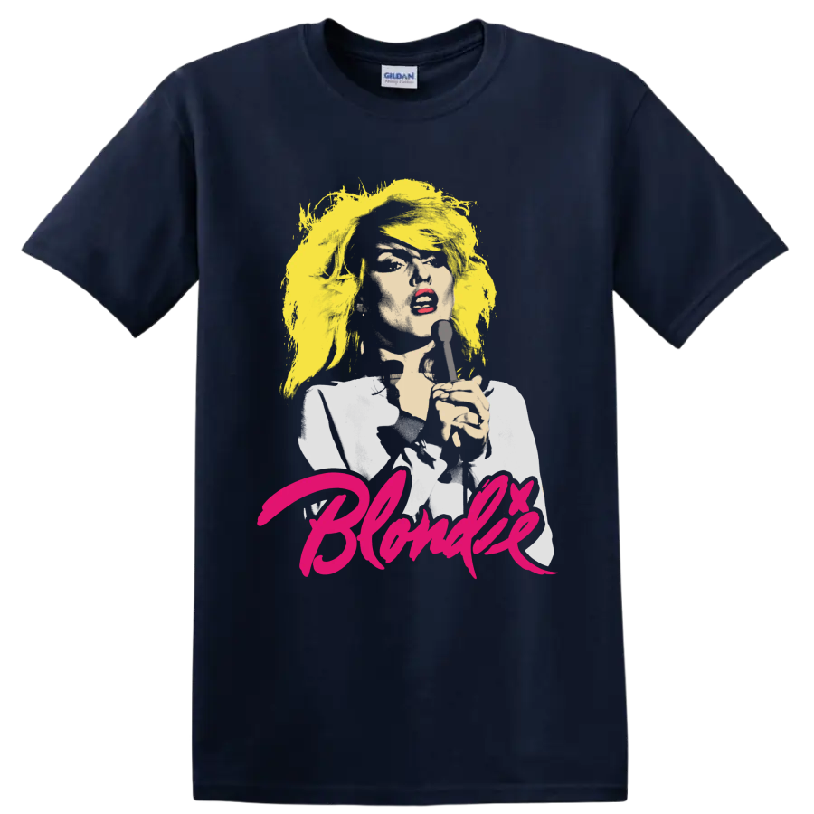 Blondie punk rock singer portrait graphic with microphone and pink lettering on a Navy (Blue) T Shirt