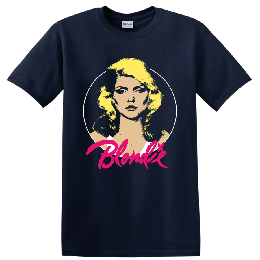 Blondie punk rock portrait graphic with pink script lettering on a Navy (Blue) T Shirt