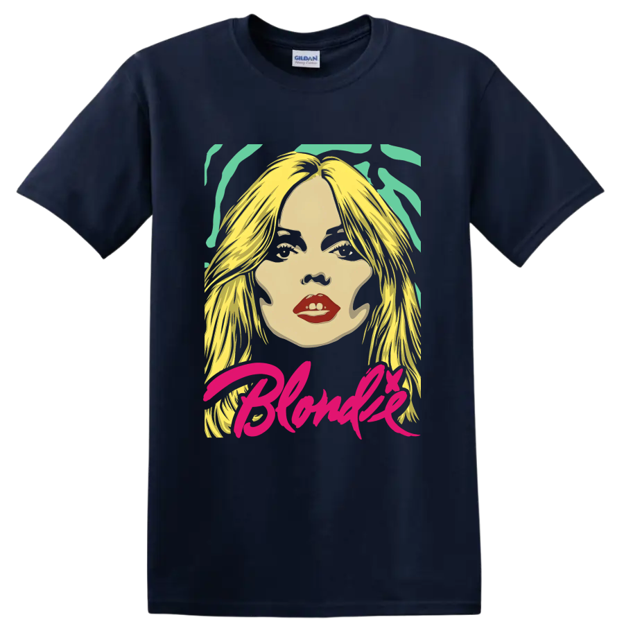Blondie Debbie Harry pop-art portrait with pink script lettering on a Navy (Blue) T Shirt