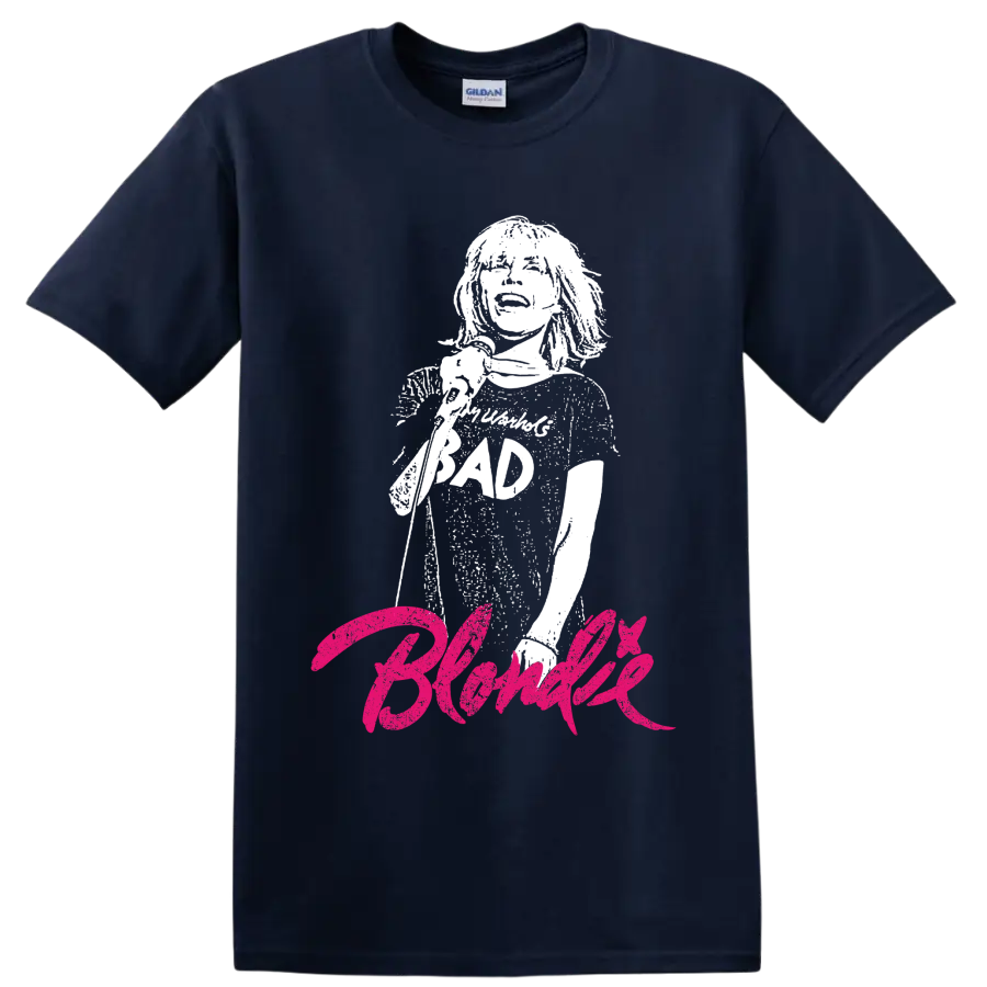 Debbie Harry portrait with hot pink Blondie punk rock lettering on a Navy (Blue) T Shirt