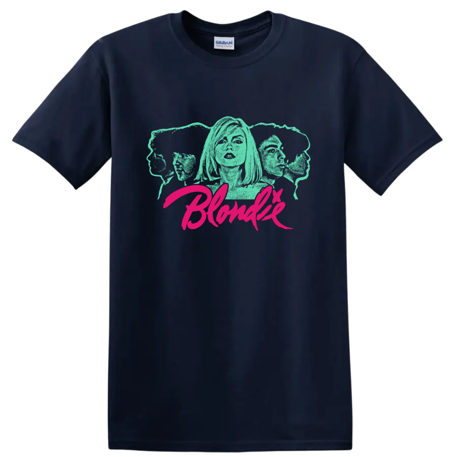 Blondie aqua portrait graphic with hot pink script lettering on a Navy (Blue) T Shirt