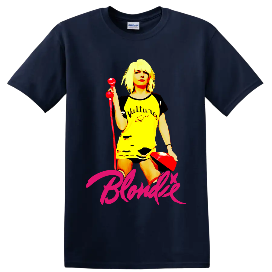 Blondie punk rock vocalist graphic with red microphone and pink script lettering on a Navy (Blue) T Shirt
