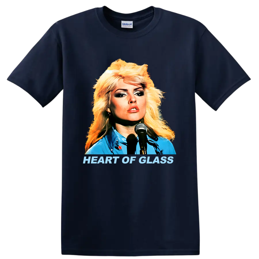 Blondie singer portrait with Heart of Glass text, retro punk rock graphic on a Navy (Blue) T Shirt