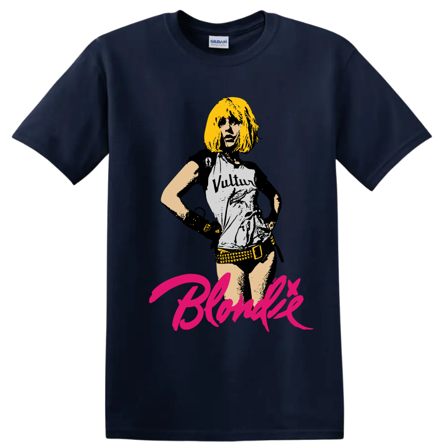 Blondie punk rock portrait graphic with hot pink script lettering on a Navy (Blue) T Shirt