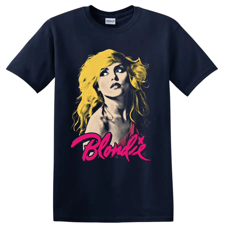 Stylized Debbie Harry portrait from Blondie with bold punk rock graphic lettering on a Navy (Blue) T Shirt
