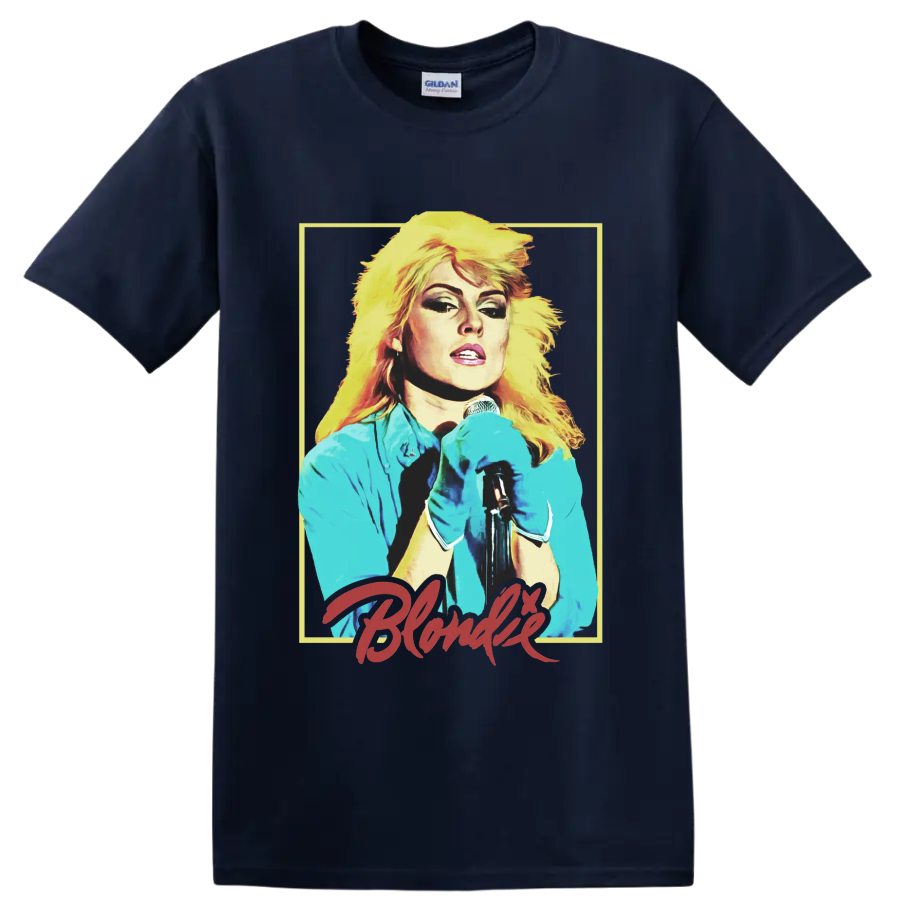 Debbie Harry of Blondie punk rock singer portrait with microphone on a Navy (Blue) T Shirt