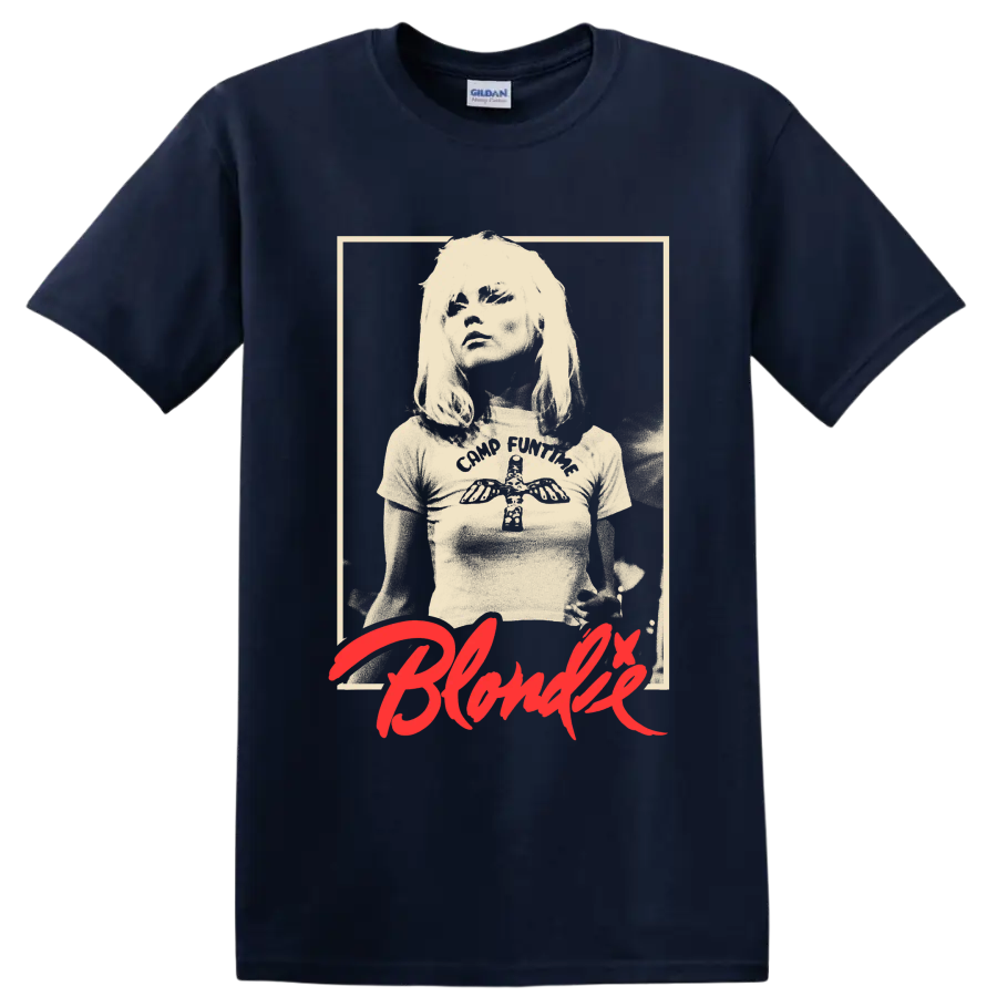 Blondie vintage punk rock portrait with red script graphic print on a Navy (Blue) T Shirt