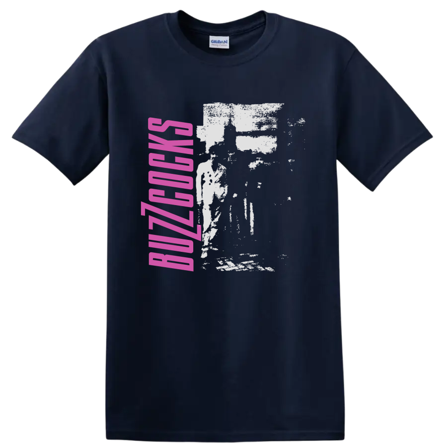 Buzzcocks punk rock band graphic with pink vertical lettering and distressed image on a Navy (Blue) T Shirt