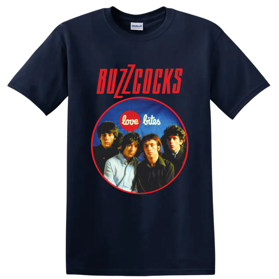 Buzzcocks punk rock band portrait with Love Bites graphic on a Navy (Blue) T Shirt