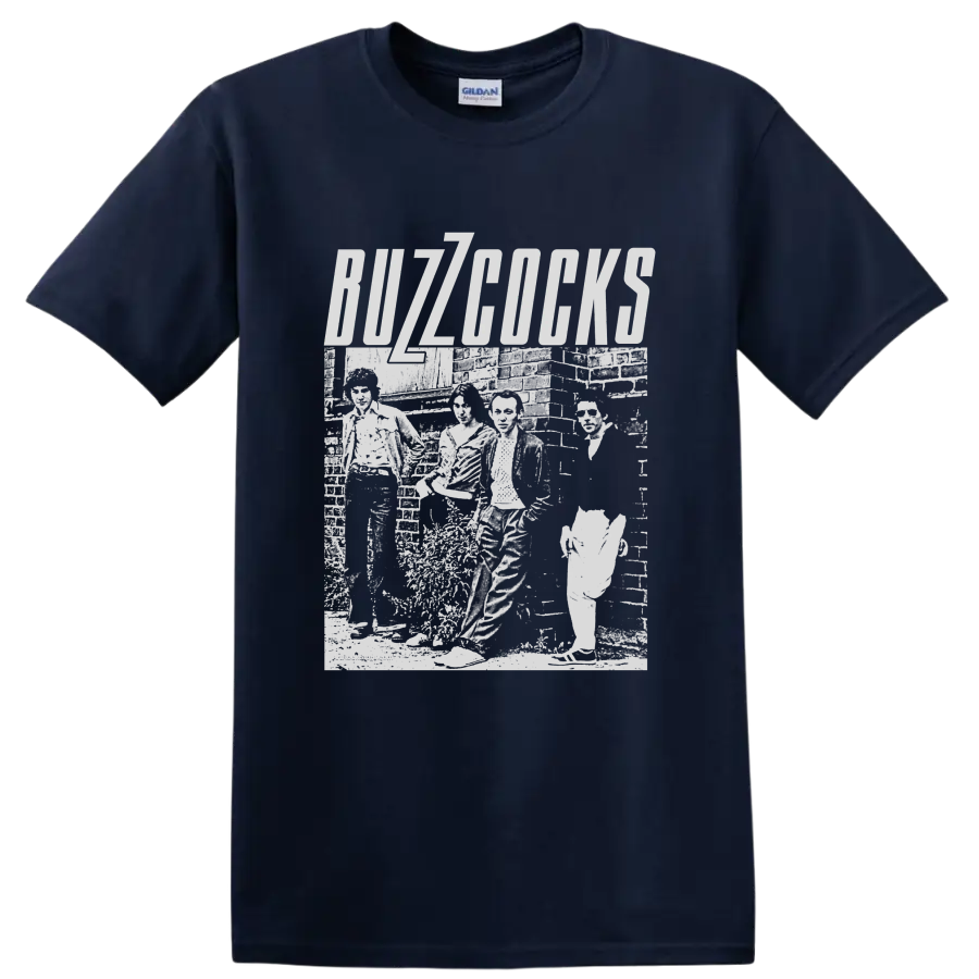 Buzzcocks punk rock band distressed monochrome collage with bold lettering on a Navy (Blue) T Shirt