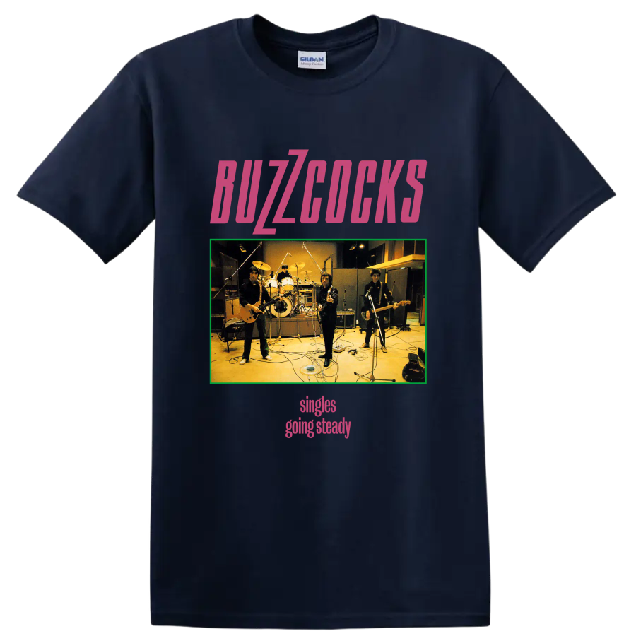 Buzzcocks punk rock band studio photo graphic with pink lettering on a Navy (Blue) T Shirt