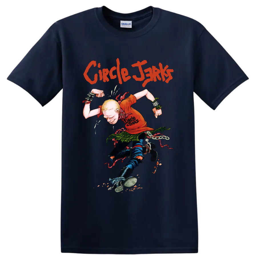 Circle Jerks punk rock graphic with illustrated figure and distressed lettering on a Navy (Blue) T Shirt