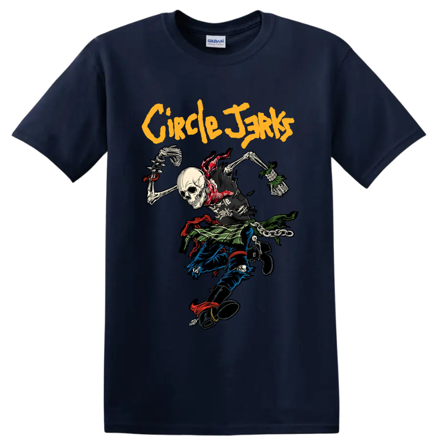 Circle Jerks punk rock skeleton graphic with bold yellow lettering on a Navy (Blue) T Shirt