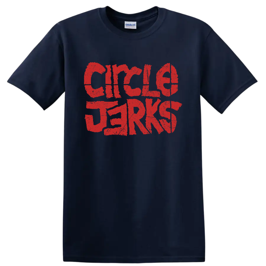 Distressed red Circle Jerks punk rock band lettering graphic on a Navy (Blue) T Shirt