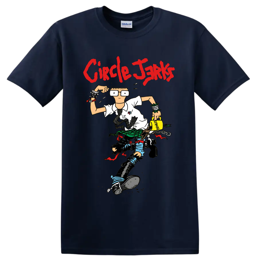Circle Jerks red lettering with cartoon punk character graphic on a Navy (Blue) T Shirt