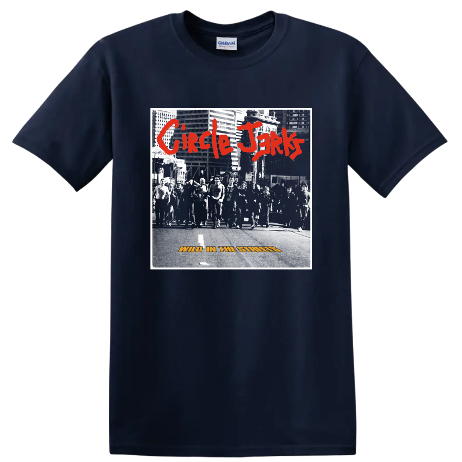 Circle Jerks distressed punk rock band graphic with red lettering on a Navy (Blue) T Shirt