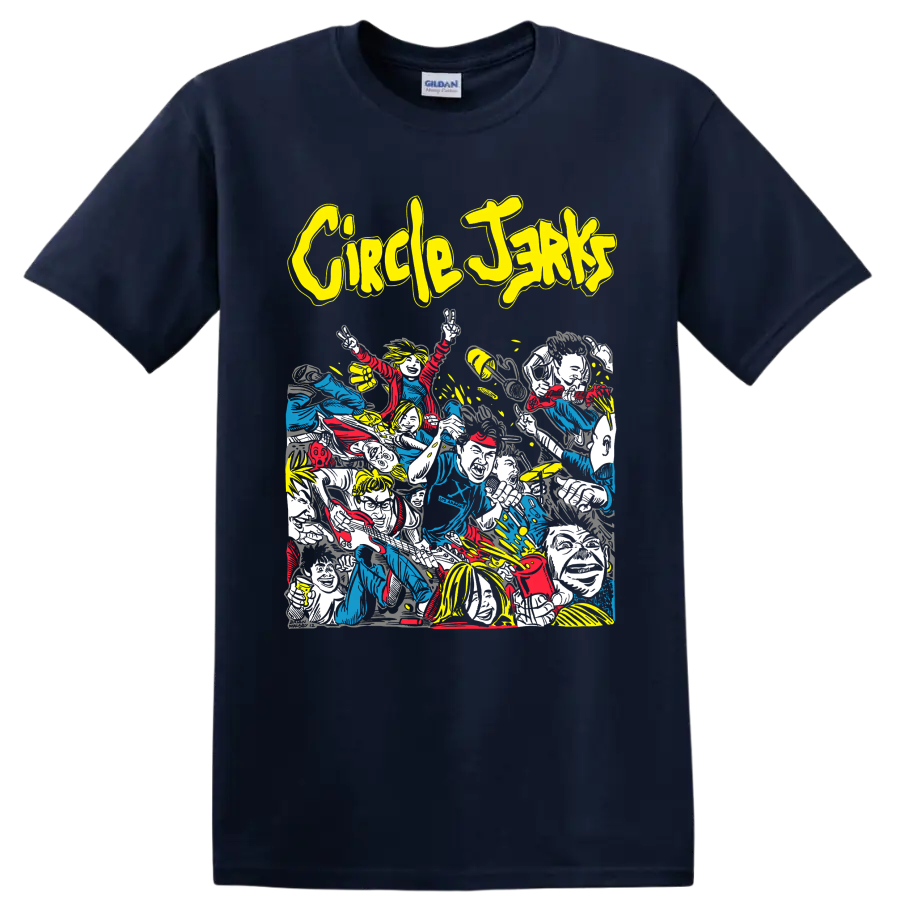 Circle Jerks punk rock band crowd artwork with bold yellow lettering on a Navy (Blue) T Shirt