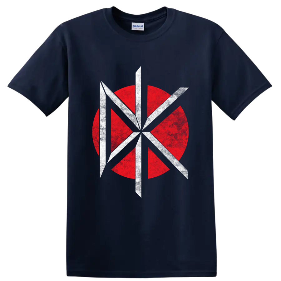 Dead Kennedys red and white geometric punk rock band logo on a Navy (Blue) T Shirt
