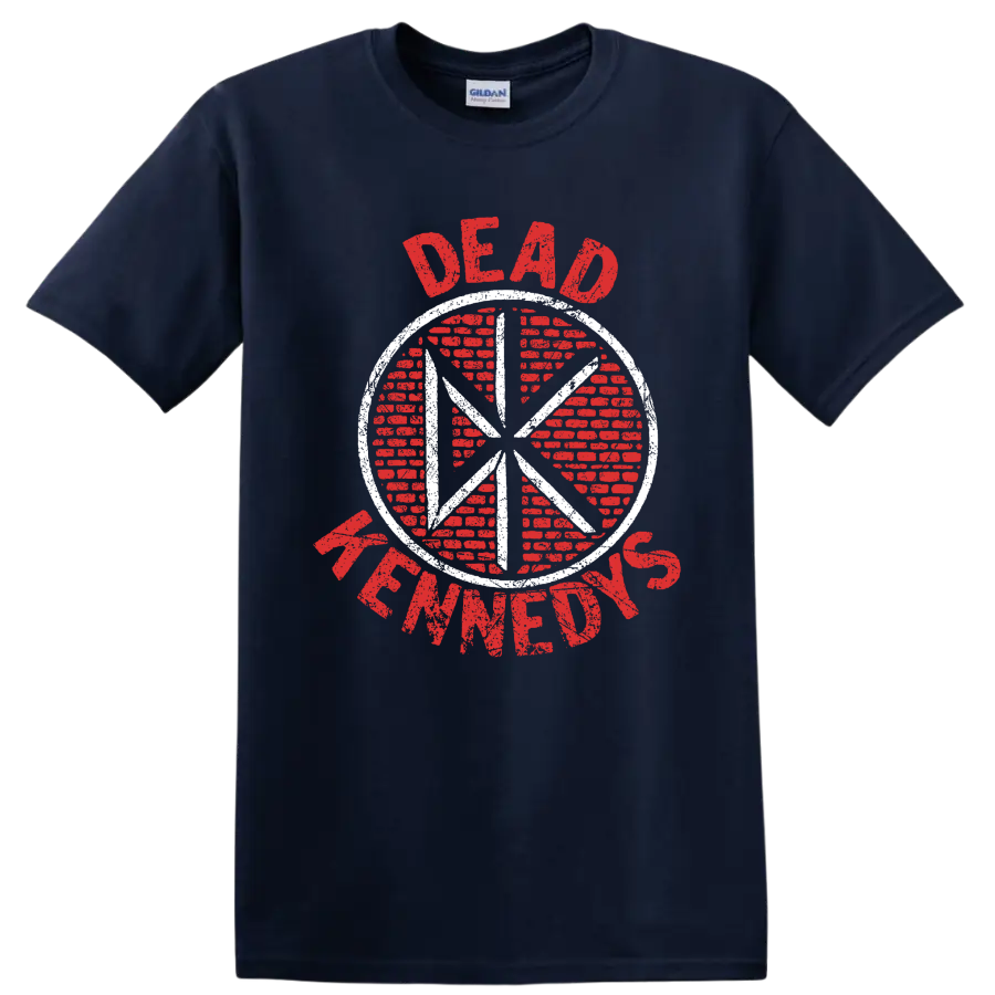 Dead Kennedys distressed red and white circular punk rock logo on a Navy (Blue) T Shirt