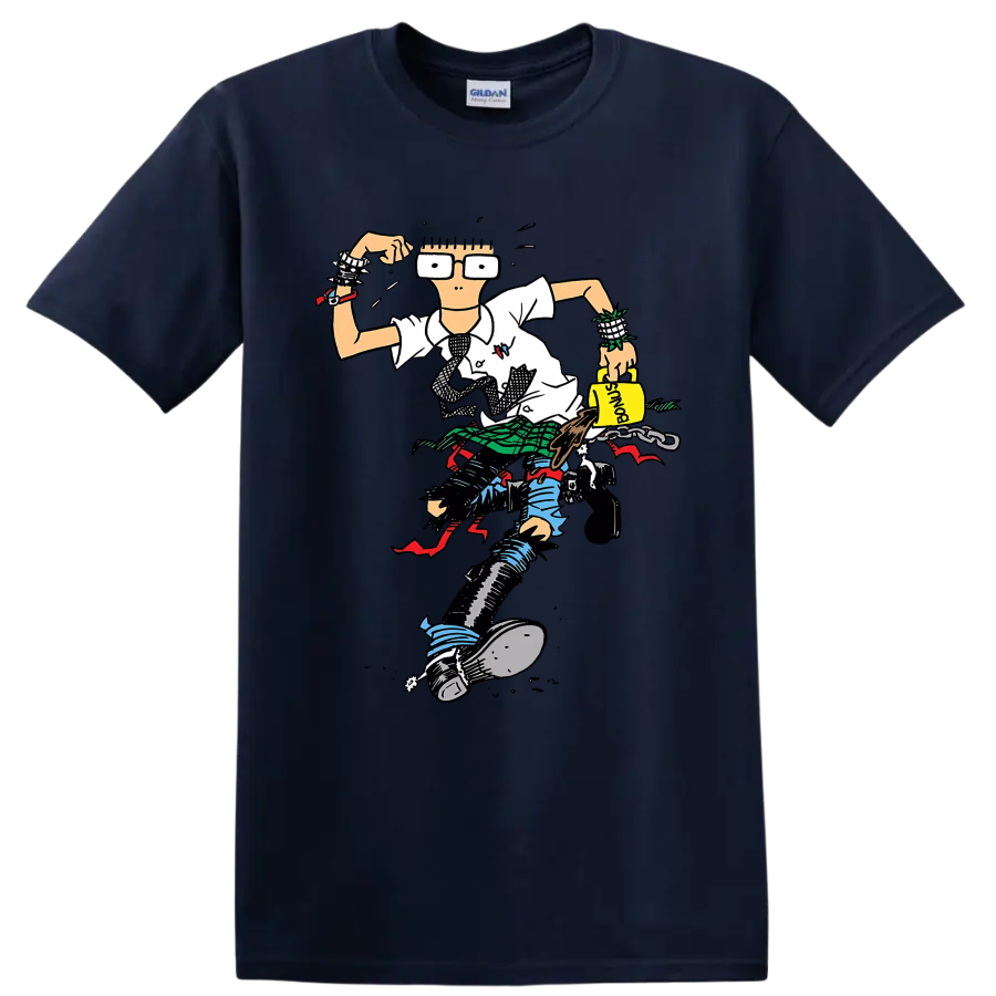 Descendents punk rock character illustration with oversized glasses and plaid details on a Navy (Blue) T Shirt