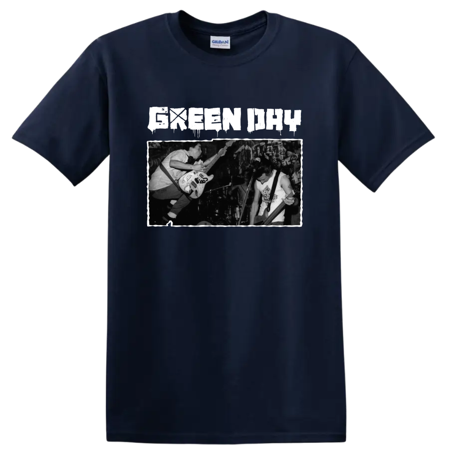 Green Day punk rock live performance graphic with guitarists on stage on a Navy (Blue) T Shirt