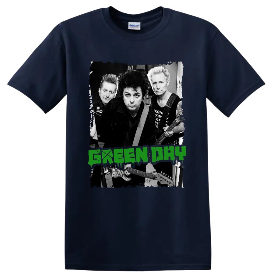 Green Day punk rock band portrait with guitars and distressed green lettering on a Navy (Blue) T Shirt