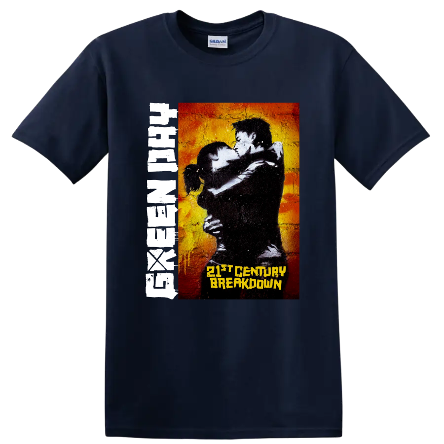 Green Day 21st Century Breakdown punk rock graphic with embracing couple on a Navy (Blue) T Shirt