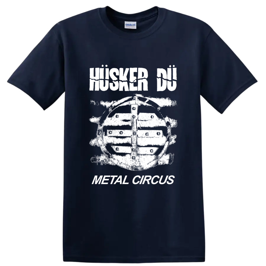 Husker Du punk rock graphic with bold band lettering and illustrated figure on a Navy (Blue) T Shirt