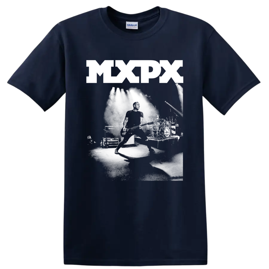MxPx punk rock graphic print with bold lettering and monochrome illustration on a Navy (Blue) T Shirt