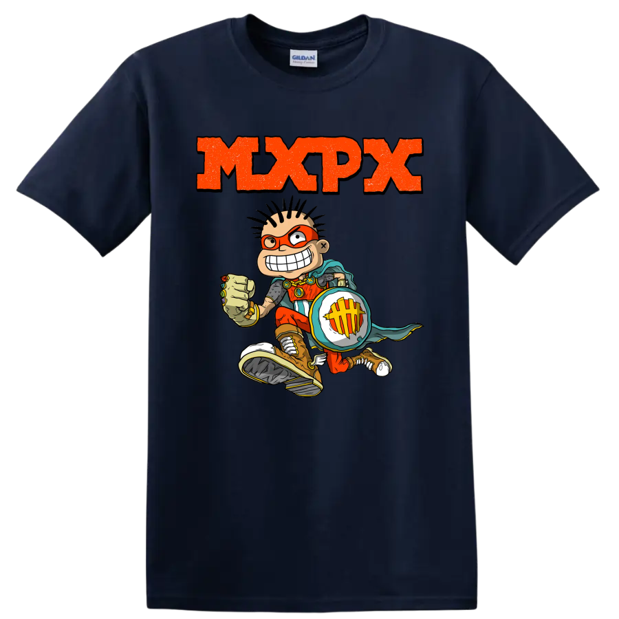 MxPx punk rock graphic with comic skateboarder and distressed orange lettering on a Navy (Blue) T Shirt