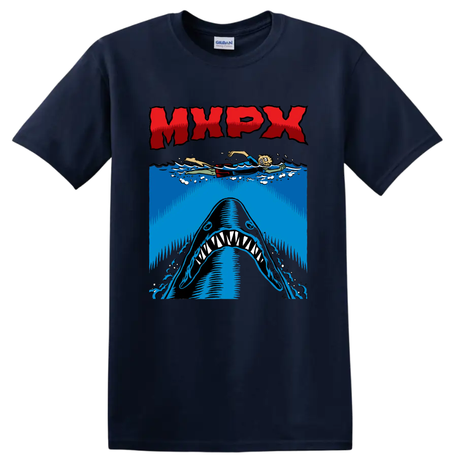 MxPx punk rock shark graphic with swimmer and ocean waves on a Navy (Blue) T Shirt