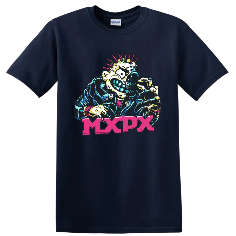 MxPx punk rock mohawked skeleton graphic with bold pink lettering on a Navy (Blue) T Shirt