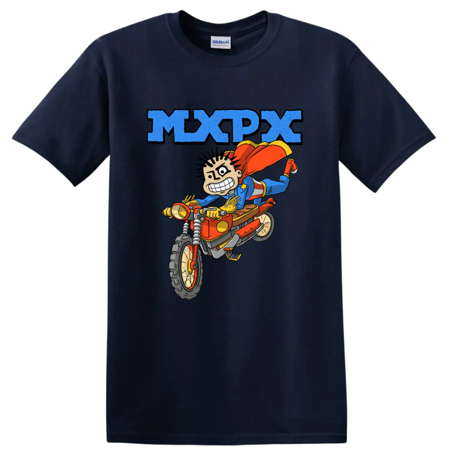 MxPx punk rock cartoon rider on dirt bike graphic on a Navy (Blue) T Shirt