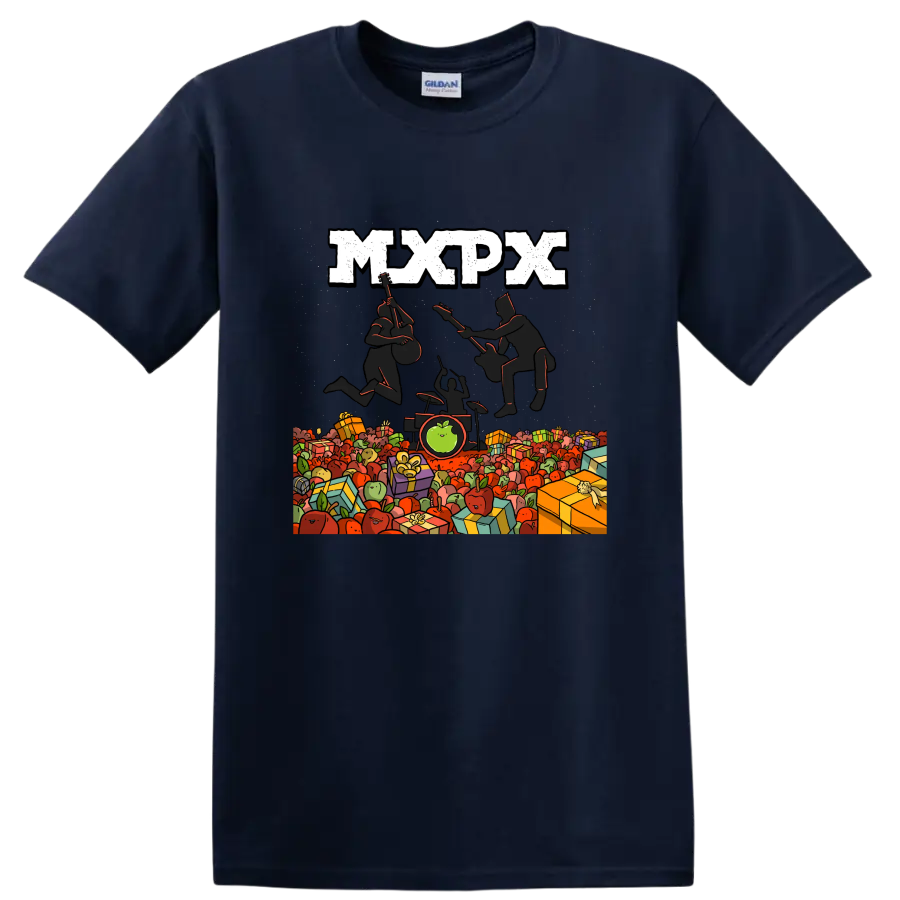 MxPx punk rock graphic with musicians, apples, and wrapped gifts on a Navy (Blue) T Shirt